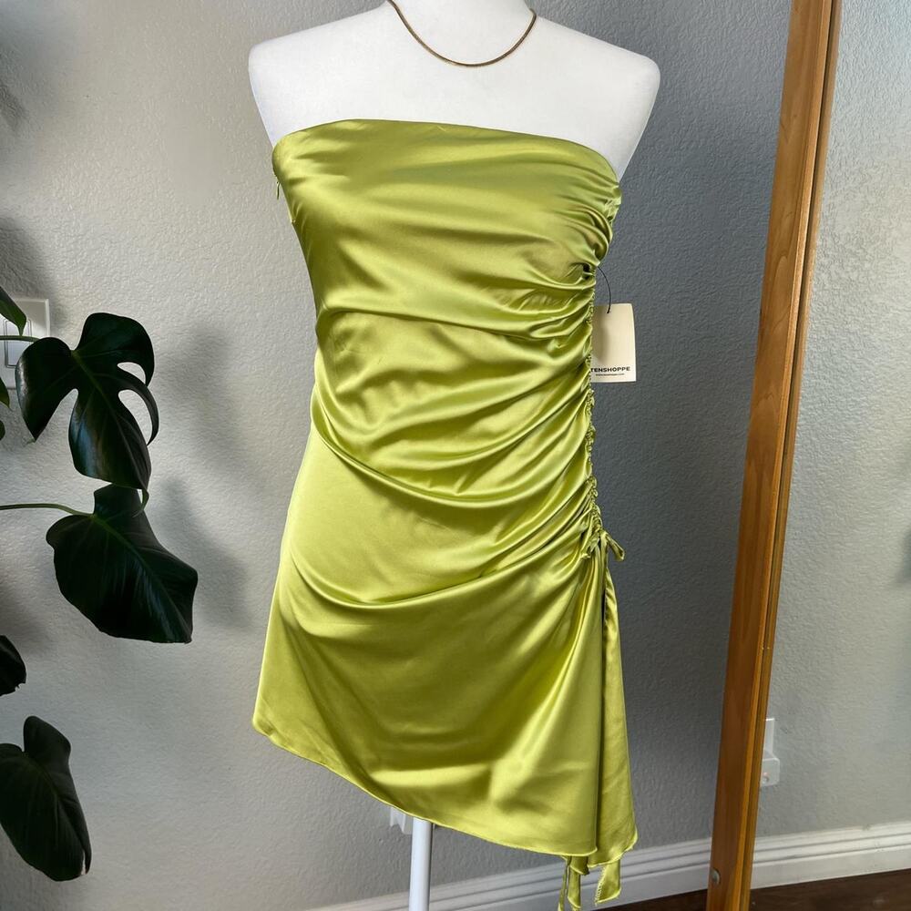 NWT green satin strapless mini dress ruched side draped fit